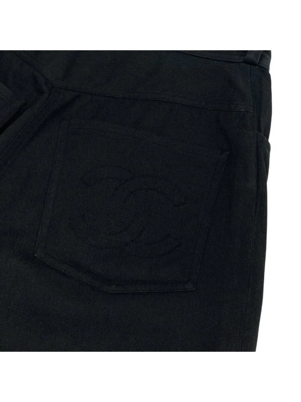 Chanel CC Logo Embroidery Black Denim Pants 36